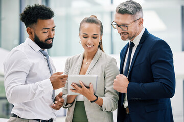 Poster - Excited team collaboration on a digital tablet with business partner in a corporate office, planning and sharing a goal. Diverse colleagues happy with online project development, working on an idea