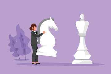 Wall Mural - Graphic flat design drawing businesswoman holding knight chess piece to beat king chess. Strategic planning, business development strategy, tactics entrepreneurship. Cartoon style vector illustration