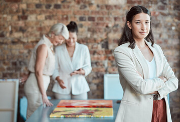 Canvas Print - Leadership, manager and portrait of business woman in a meeting for a art exhibition in a creative office. Confident team leader or boss with arms crossed and a goal for vision and mission success