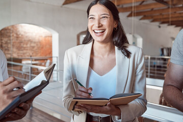 Poster - Business woman writing in notebook during meeting, happy about partnership for advertising project and planning company strategy for marketing agency. Happy, smile and corporate employee in teamwork