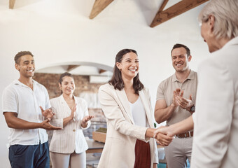 Poster - Business handshake with clapping workers in the work office. Professional company b2b shaking hands for a deal to come and work together. Diverse group of happy staff thank you and welcome employee