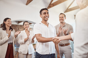 Aufkleber - Company welcome employee to team, manager recruiting staff and we are hiring job. Business onboarding happy man, thank you, diversity teamwork collaboration and congratulations handshake meeting boss