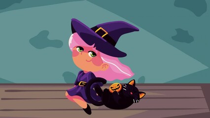 Wall Mural - happy halloween animation with witch