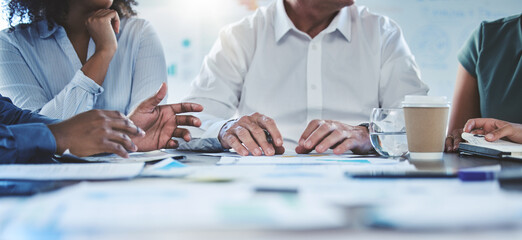 Poster - Hands, teamwork and collaboration with a team of business people in a meeting for planning, strategy and vision. Talking about the mindset and mission of company growth and development for the future