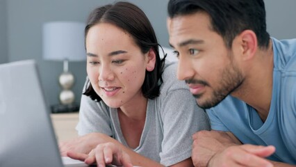 Sticker - asian couple, happy and laptop streaming in home bedroom in lockdown on movie subscription channel. 