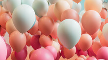 Coral, Pink And Turquoise Balloons Floating In The Air. Youthful, Party Background.