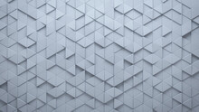 Futuristic, Triangular Mosaic Tiles Arranged In The Shape Of A Wall. Semigloss, White, Bricks Stacked To Create A 3D Block Background. 3D Render