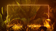 Tropical Plants Illuminated With Orange And Yellow Fluorescent Light. Jungle Environment With Rectangle Shaped Neon Frame.