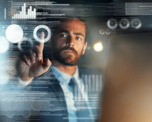 Aufkleber - Big data, digital future and crypto metaverse of fintech business man, developer and nft blockchain trader cloud computing at night. Digital transformation, ux software dashboard and cyber technology