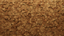 Diamond Shaped, Wood Mosaic Tiles Arranged In The Shape Of A Wall. 3D, Soft Sheen, Blocks Stacked To Create A Natural Block Background. 3D Render