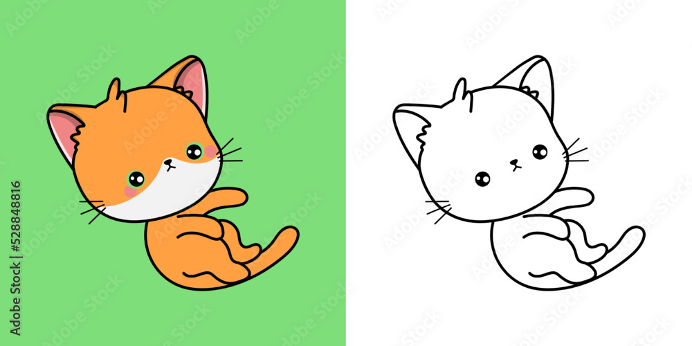 Set Clipart Cat Multicolored and Black and White. Kawaii Clip Art Red ...