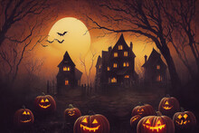 Jack-o-lanterns In Front Of Haunted Halloween House With Bats And Moon On The Sky, Digital Illustration