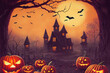 Evil house and creepy pumpkins, halloween background, digital illustration