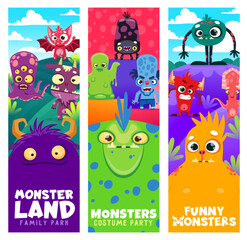 Wall Mural - Cartoon monster characters. Vertical backgrounds or vector banners with funny baby bat, alien five eyed octopus and blue zombie, angry devil, cute orange yeti and squid silly monsters personages