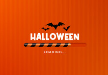 Halloween Loading Background, Holiday Party Greeting Card, Vector Cartoon Load Progress Bar. Halloween Web Interface With Bats And Candy Loading Indicator Bar On Pumpkin Orange Background