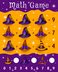 Wall Mural - Halloween witch hats. Math game worksheet. Children Halloween mathematical playing activity, addition and subtraction kids puzzle vector worksheet with witch, wizard, sorcerer or mage spooky hats