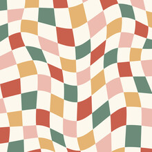 Christmassy Wavy Groovy Checker Vector Background. Retro Christmas Fluid Abstract Checkerboard Backdrop. Xmas Curved Distorted Checks Abstract Geometric Seamless Pattern.
