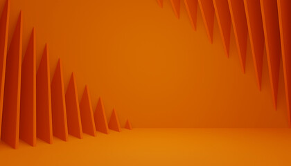 3D abstract geometric orange background. Several triangle shapes are stacked diagonally. on the background that resembles a square room. 3D render illustration.