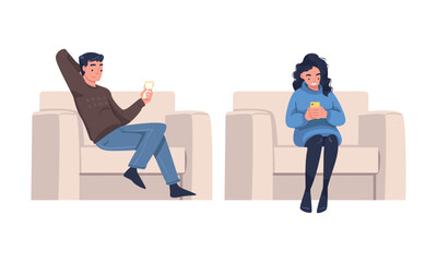 Poster - Man and Woman Character with Smartphone Sitting in Armchair Suffering from Internet Addiction Vector Set