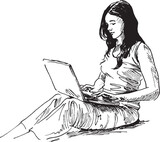 Fototapeta Konie - Hand sketch of a young woman with a laptop. Vector illustration.