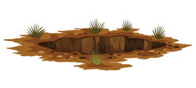Hole Ground. Works Digging Of Sand Coal Waste Rock Or Gravel. Brown, Dry Mine Element Of Landscape. Cartoon Illustration