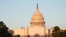 Close Up View Of The Capitol Building Under Renovation. United States Government Theme.