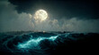Full Moon Illuminates the Dramatic Stormy Sea Impressive Art Illustration. Moonlight Night Seascape Spectacular Background. Digital Painting AI Neural Network Computer Generated Art Marine Wallpaper