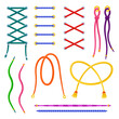 Colorful shoe or corset lacing cartoon illustration set. Different types or lacing. Cross, straight, gap, over under lacing techniques or methods. Cord with tassels. Garment, style concept