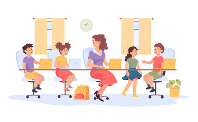 Cartoon teacher and students using laptops in classroom. Woman and school children sitting at desks with computers in class flat vector illustration. Education, technology concept for banner