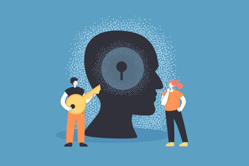 Wall Mural - Tiny person holding key to keyhole in brain of abstract head. Man and woman opening lock flat vector illustration. Psychology, philosophy concept for banner, website design or landing web page