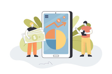 Wall Mural - tiny people using mobile app for business data analysis. work of male characters with charts and gra