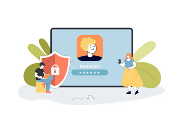 Wall Mural - Users using password for account registration on phone screen. Protection of profile for tiny man and woman flat vector illustration. Privacy concept for banner, website design or landing web page