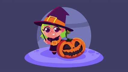 Canvas Print - happy halloween animation with little girl witch