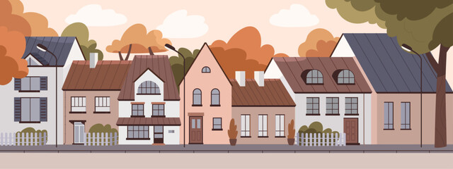 Residential houses exteriors at sunset in empty deserted city. Outside town homes panorama. Dwellings facades row outdoors. Living buildings scenery, panoramic view. Flat vector illustration