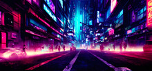 Abstract Cyberpunk Street With Glowing Neon Lights. Digital Art Painting For Book Illustration,background Wallpaper, Concept Art.