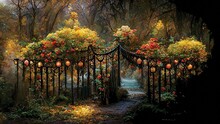 Blooming Old Garden, Autumn Evening Park, Beautifully Lit By Cozy Lamps, Romantic Painting, Red Roses, Forged Fence, Digital Art, Printable Wall Art, Floral Background Or Wallpaper