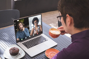 Sticker - Composition of asian businessman having video call with colleagues in office