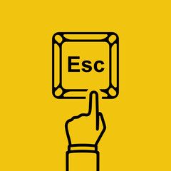 Hand presses a computer key Esc. Esc button black line icon. The end of the program. Vector illustration flat design. Isolated on yellow background.