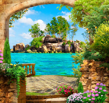 Illustration Of A Terrace Overlooking The Island. Seascape. Photo Wallpapers. The Fresco.