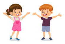 Little Boy And Girl Stand Holding Their Hands Up And Smiling Together
