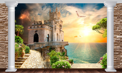 Illustration of a thunderstorm on the seashore. Swallow's Nest Castle in the Crimea. Mural Photo wallpaper.