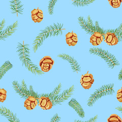  Coniferous branches and cones watercolor seamless pattern. Hand drawn elements for Christmas decor in eco style. Endless background in forest scandinavian style.