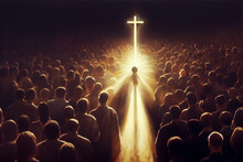 Crowd Of People And Glowing Cross