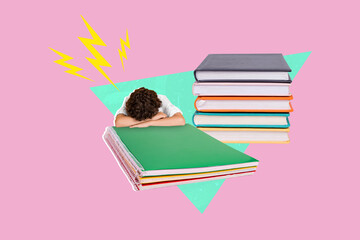 Wall Mural - Collage artwork graphics picture of tired upset little child tired studying isolated painting background