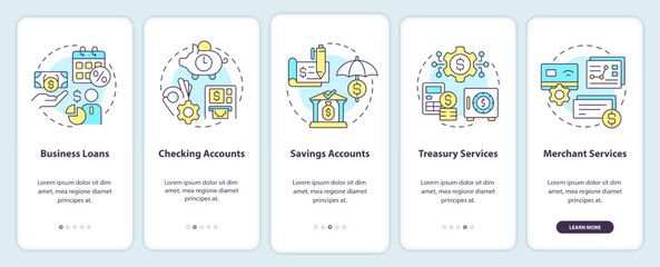 Business banking onboarding mobile app screen. Commerce walkthrough 5 steps editable graphic instructions with linear concepts. UI, UX, GUI template. Myriad Pro-Bold, Regular fonts used