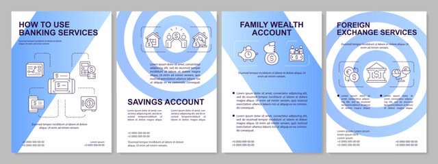 Offers of bank blue brochure template. Financial service. Leaflet design with linear icons. Editable 4 vector layouts for presentation, annual reports. Arial, Myriad Pro-Regular fonts used