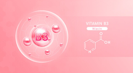 Vitamin B3 pink and structure. Vitamin solution complex with Chemical formula from nature. Skincare beauty. Medical and scientific concepts. Banner 3D vector EPS10.