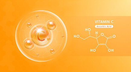Wall Mural - Vitamin C orange and structure. Vitamin solution complex with Chemical formula from nature. Skincare beauty. Medical and scientific concepts. Banner 3D vector EPS10.