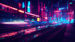 © Надежда Семироз - Futuristic cyberpunk city with blue and pink light trail. Concept sci fi downtown at night with skyscraper, highway and billboards. 3D illustration.