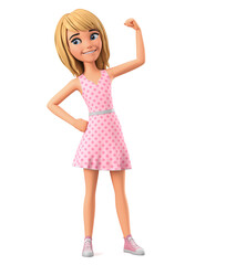 Wall Mural - Girl cartoon character in pink dress isolated on white background with raised hand. 3D rendering illustration.